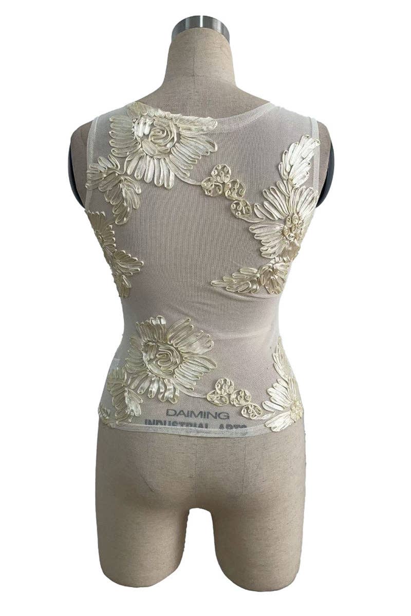Floral Embellished Sheer Tank Top: BEIGE / S