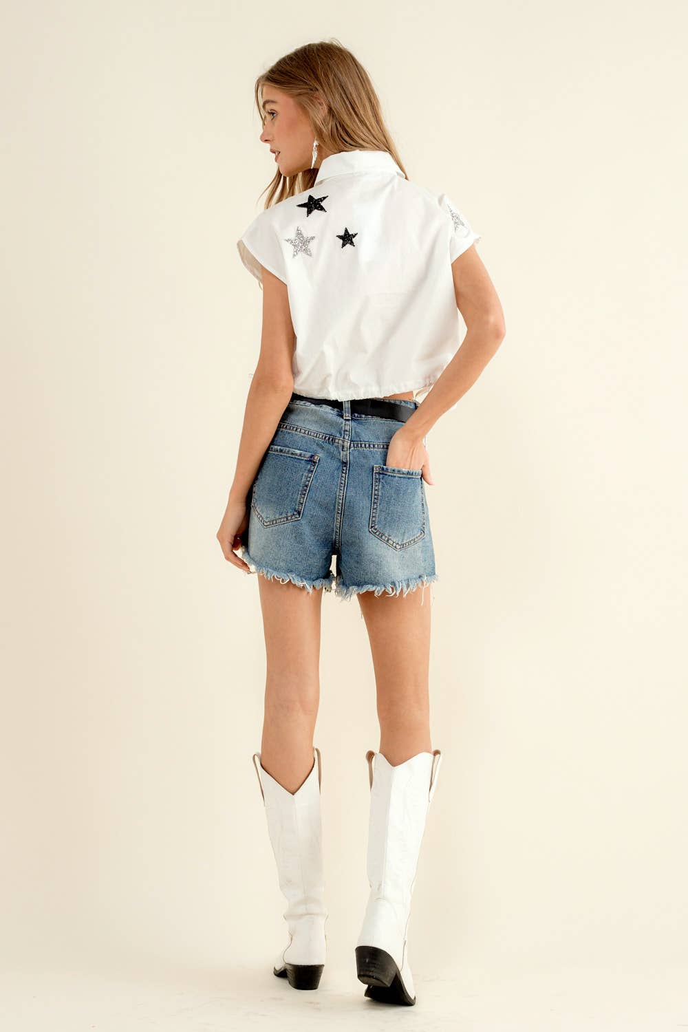 32579T - Poplin Star Patch Sleeveless Shirt: HOT PINK / M