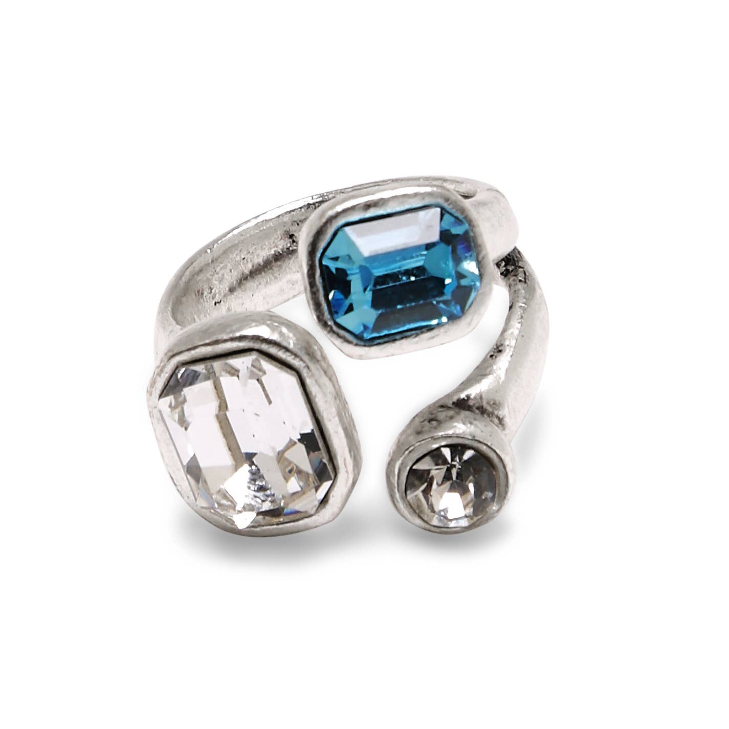 Handmade Clear Blue Crystal Brass Ring - 6984
