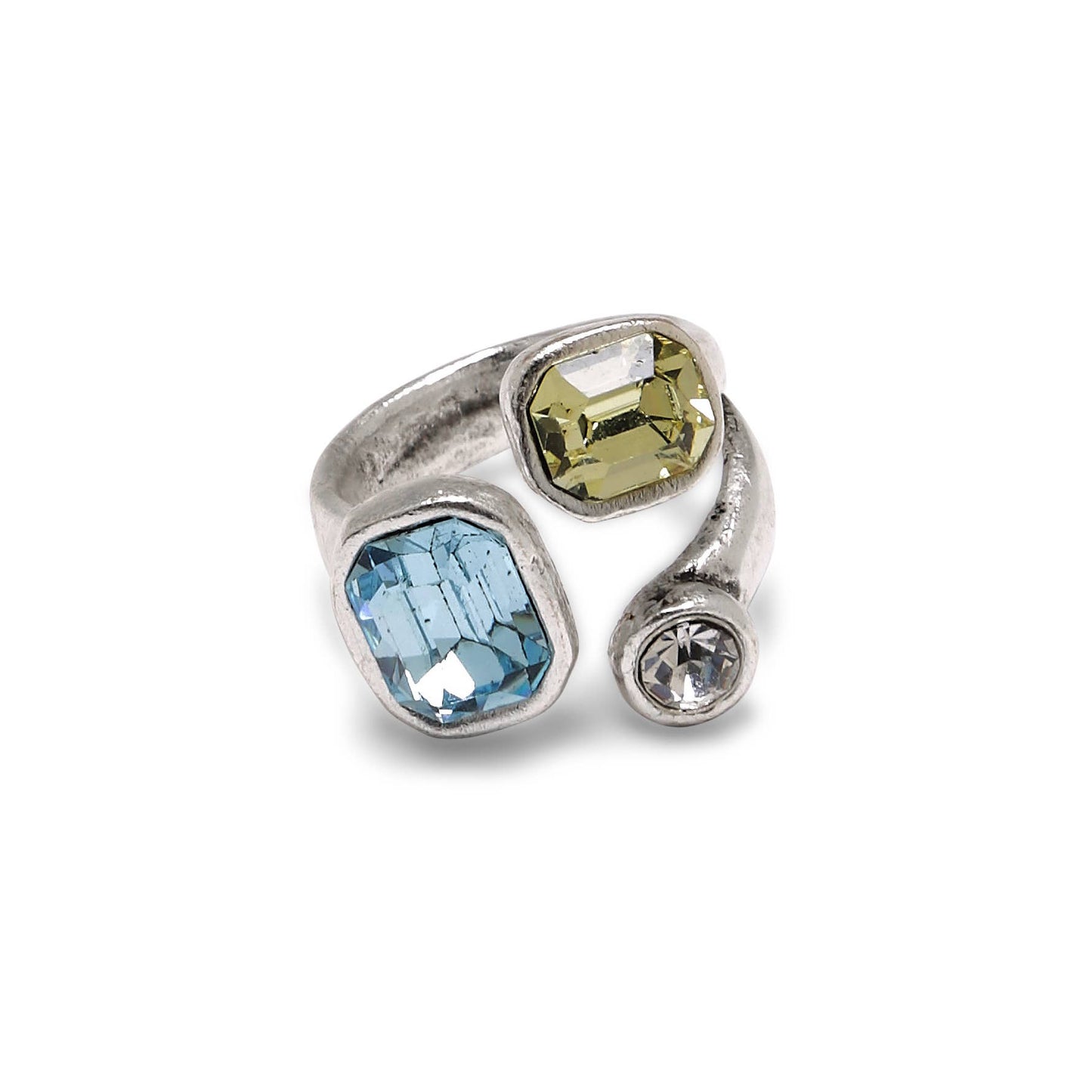 Handmade Blue Yellow Crystal Brass Ring - 6983