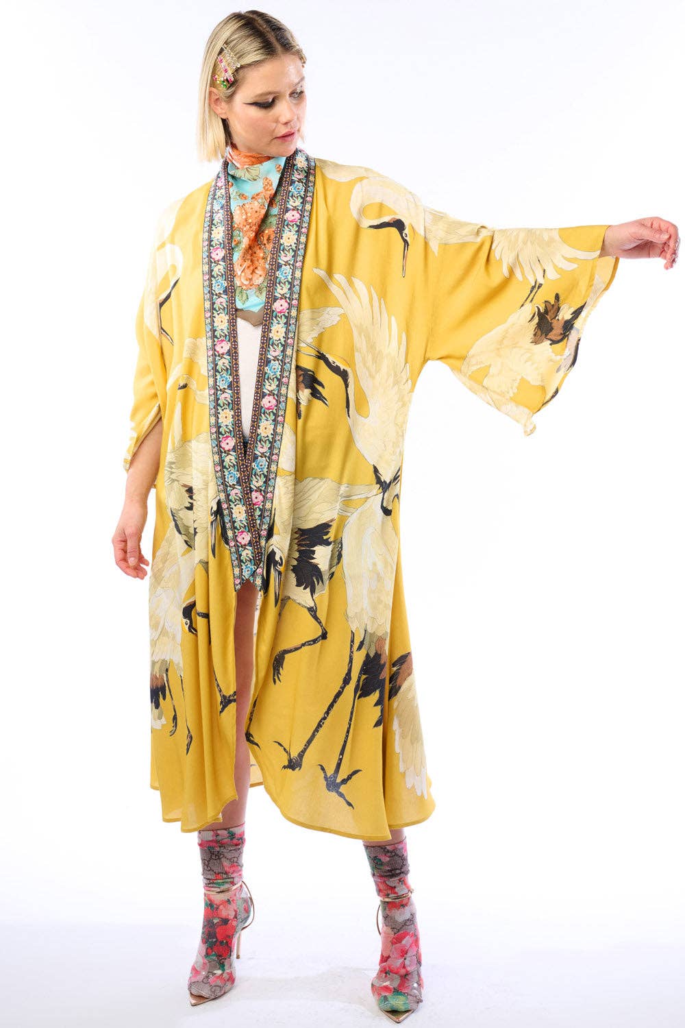 Story of the Crane Kimono - Mustard | Bohemian Coverup Robe: Mustard / One size