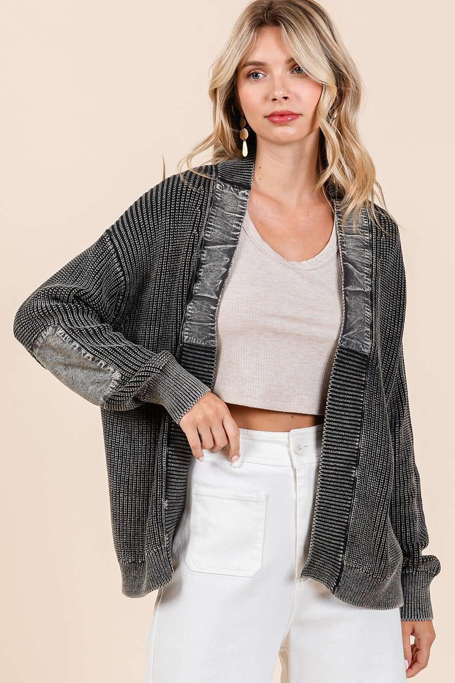 Mineral Wash Contrast Patch Open Front Cardigan S20805