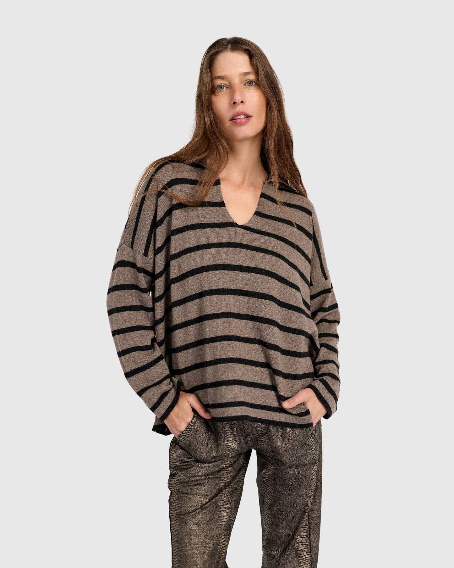 Surfside Collared Sweater, Latte Stripes: Stripes / ONE SIZE