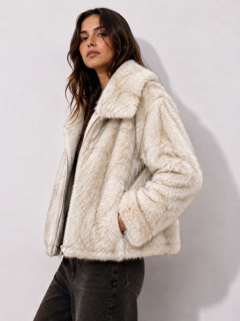 Dumbo Reversible Faux Fur & Leather Bomber Jacket Fur Jacket: Beige/Gray / L/XL