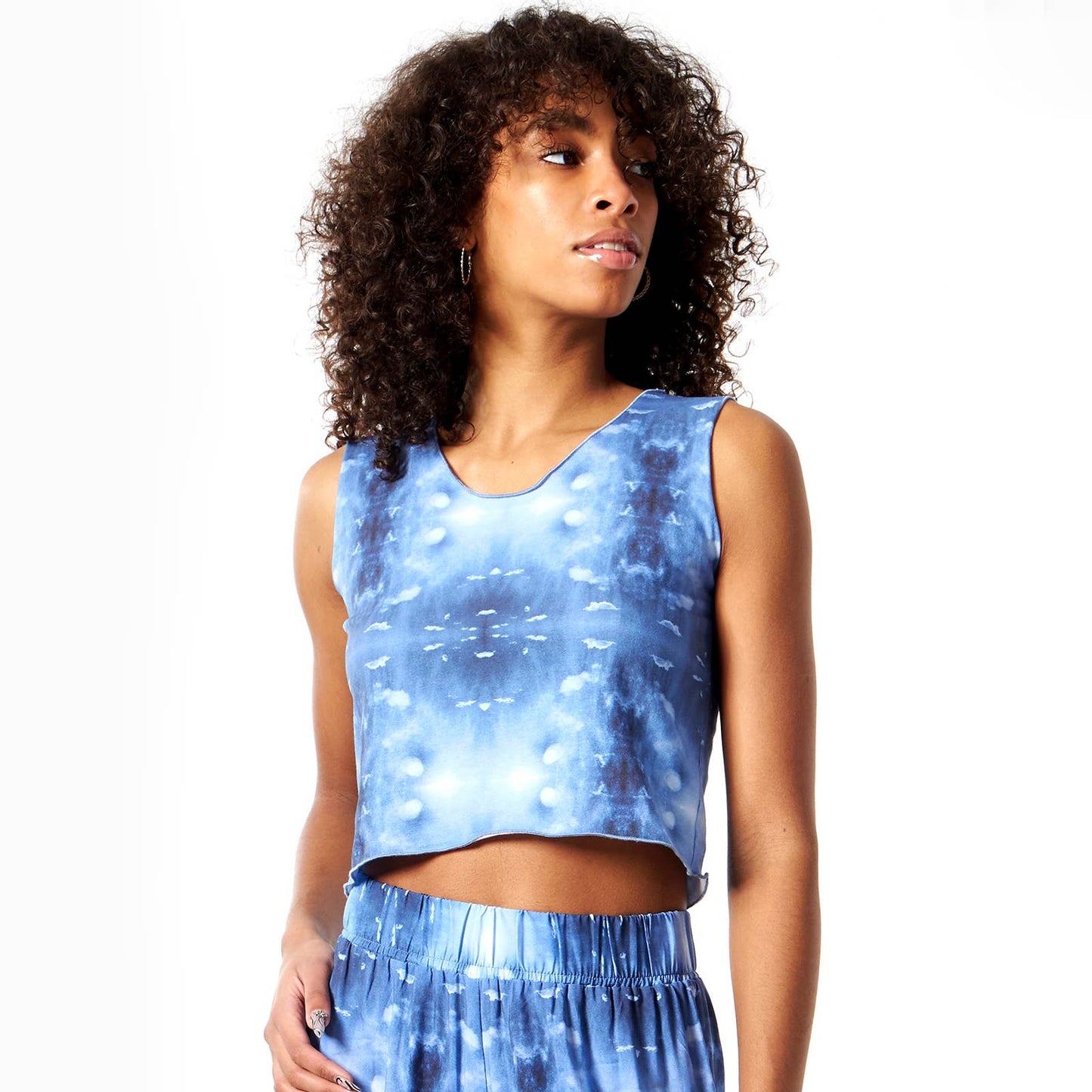 Babs Sleeveless Stretchy Crop Top - Blue Sky Print: L