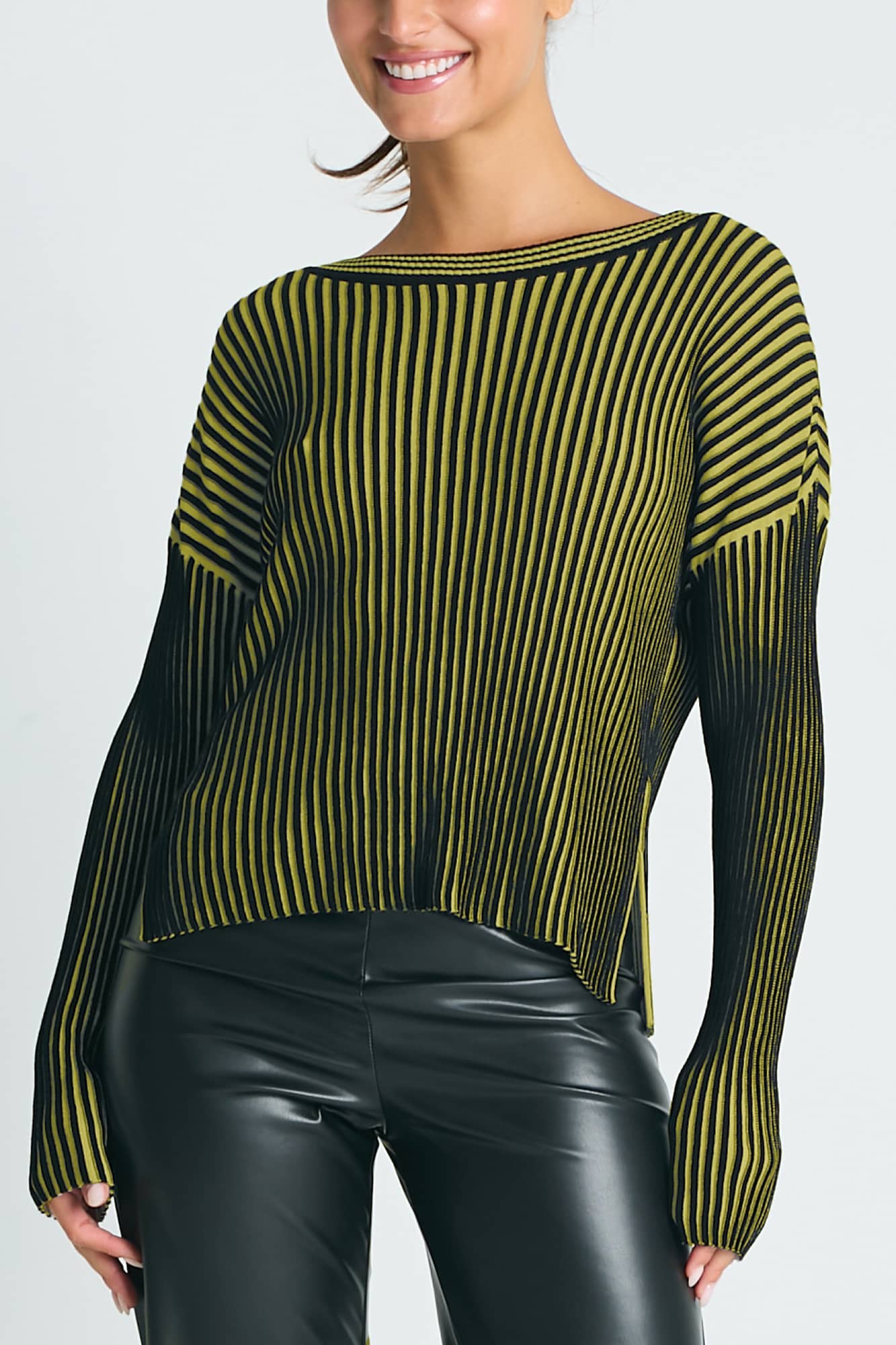 Pima Cotton Groovy Stripe Crewneck Sweater - Lava/Chartreuse