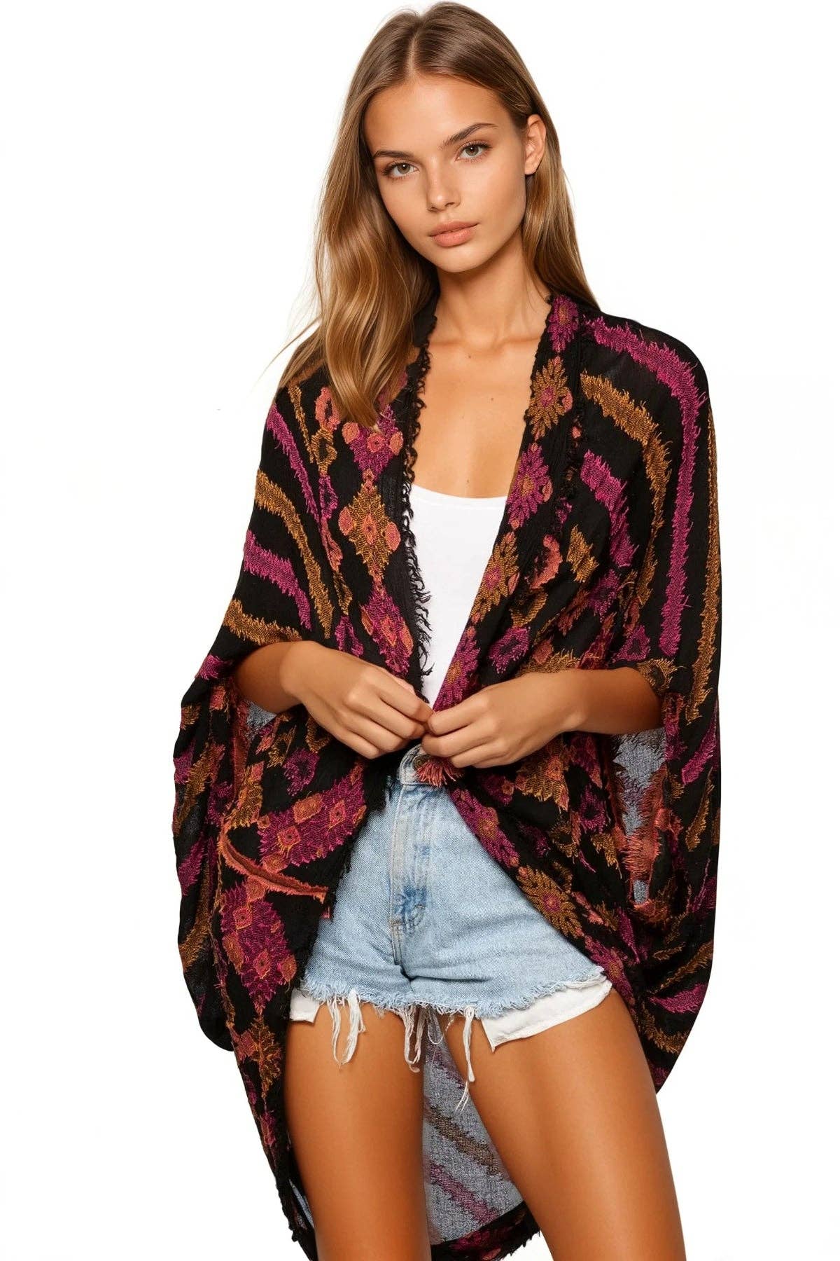 Oversized Kimono Shrug Coverup in Menagerie Stripe Jacquard Fabric: Dusk / One Size