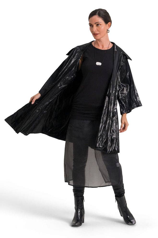 Vegan Crushed Patent Leather Emily Coat - Black