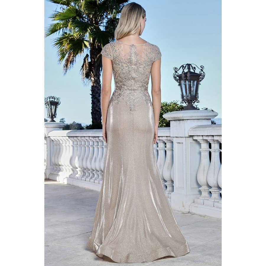 Cap Sleeve Embroidered Glitter Mesh MoB Gown: Champagne / 14