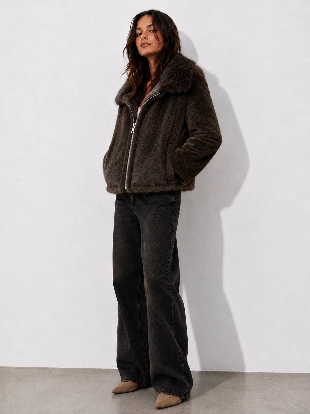 Dumbo Reversible Faux Fur & Leather Bomber Jacket Fur Jacket: Beige/Gray / L/XL