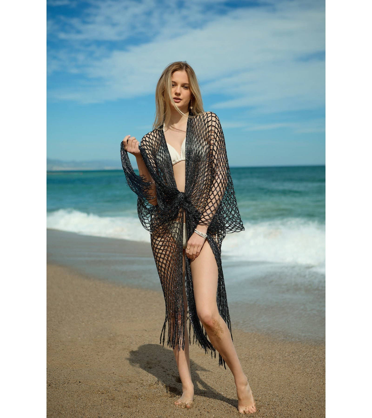 Metallic Fringe Kimono: Gold