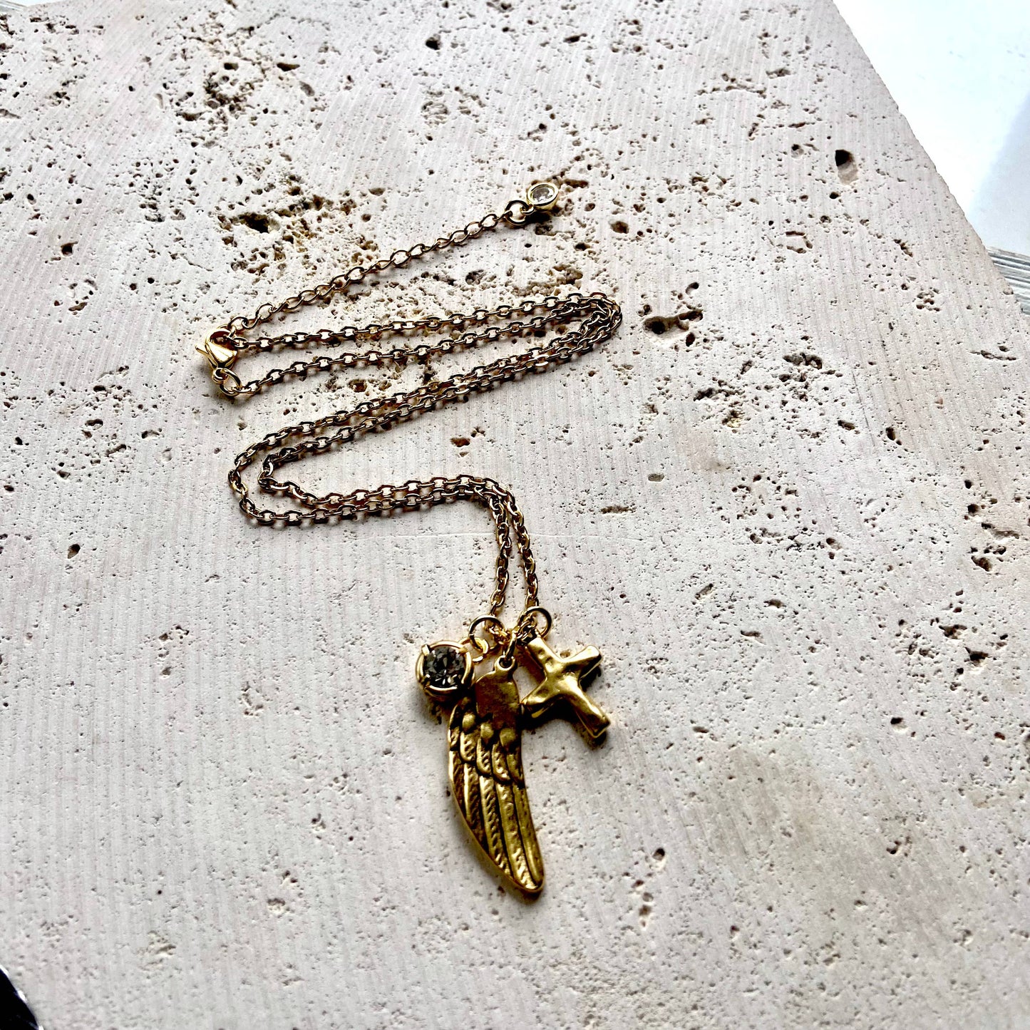 Angel wing cross crystal cluster necklace handmade jewelry : Gold