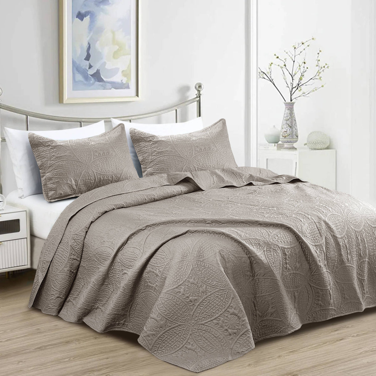 Quilted Bedspread 3 Pc Coverlet Bedding Quilt Set All Season: Full/Queen / Grey