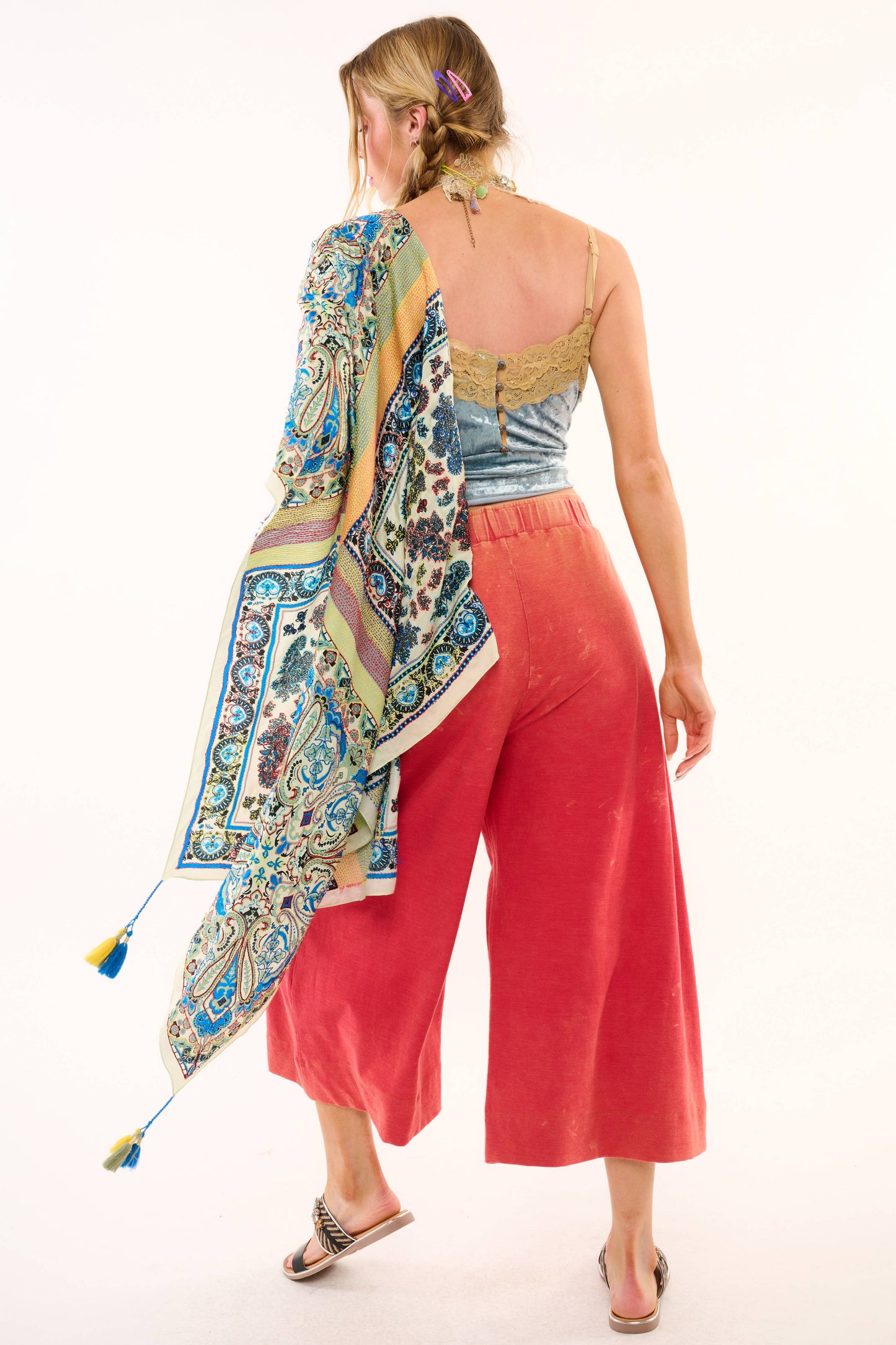 Crafted Hand Stitched Silk Scarf: Sage/Blue Combo / One Size