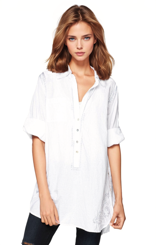 Boyfriend White Cotton Shirt with Lurex Embroidery - Subtle Luxury