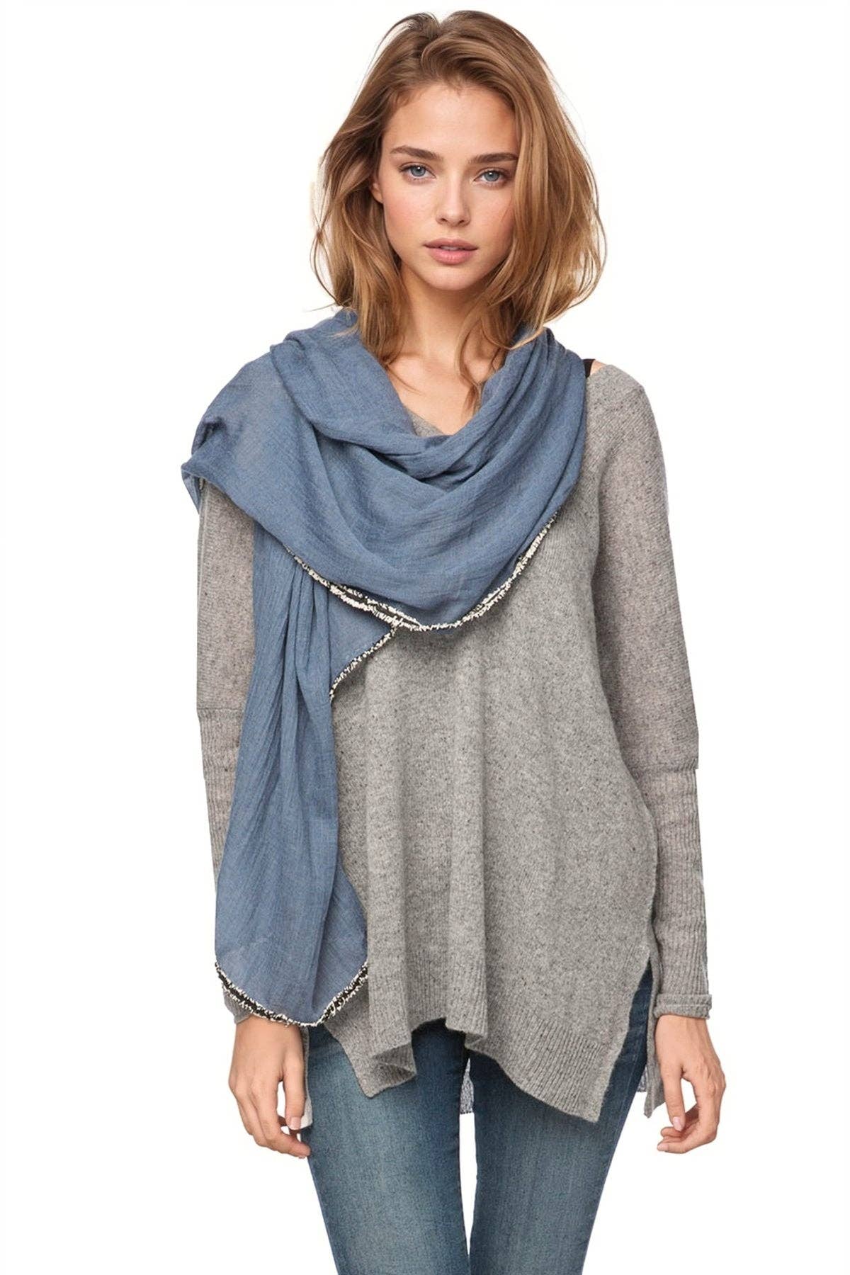 Denim Darling Fringe Edge Wrap Scarf: Denim / Denim Darling Fringe Edge Wrap Scarf