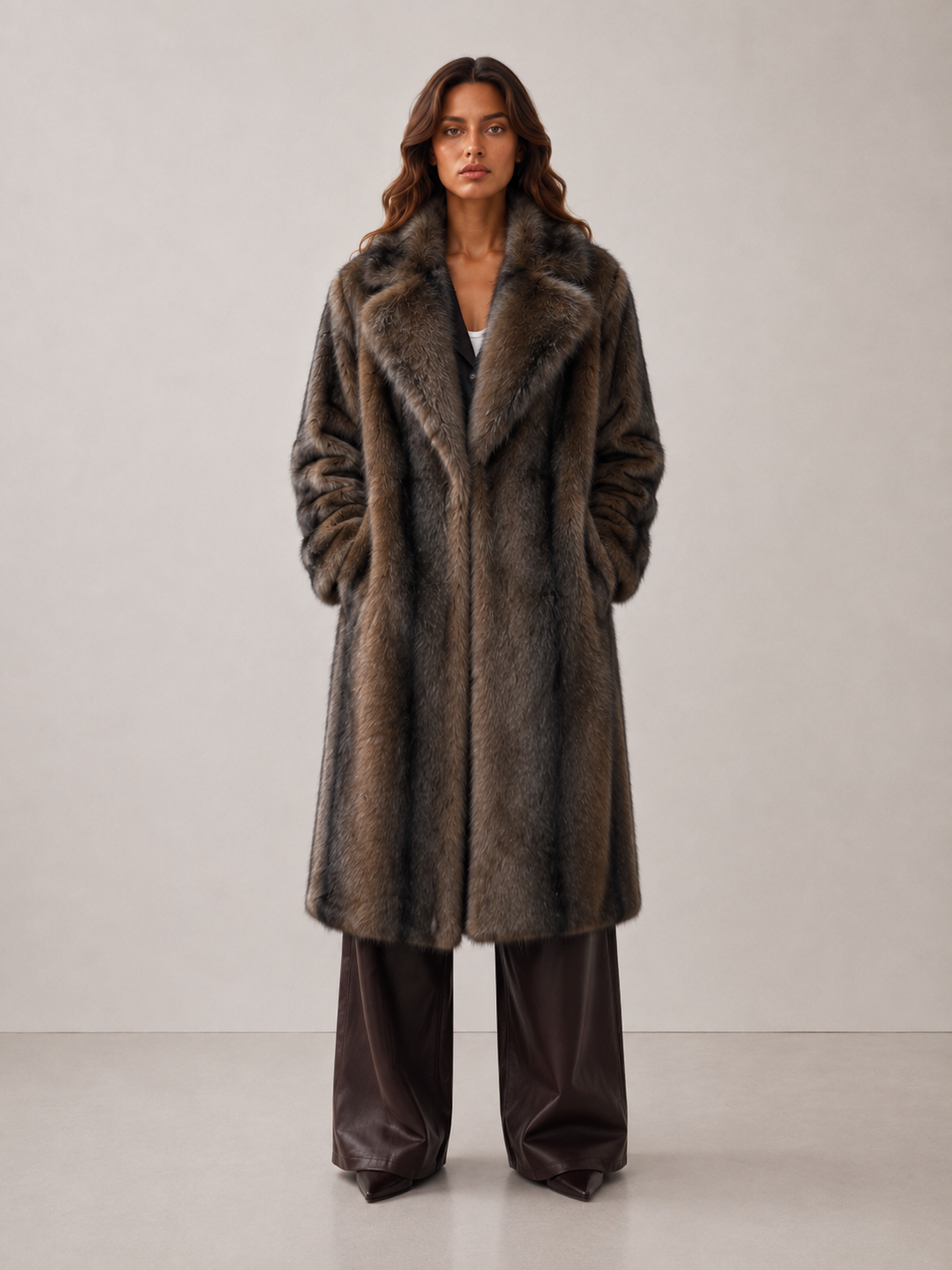 Sag Harbor Oversized Faux Fur Longline Coat Long Fur Coat: Camel / S/M
