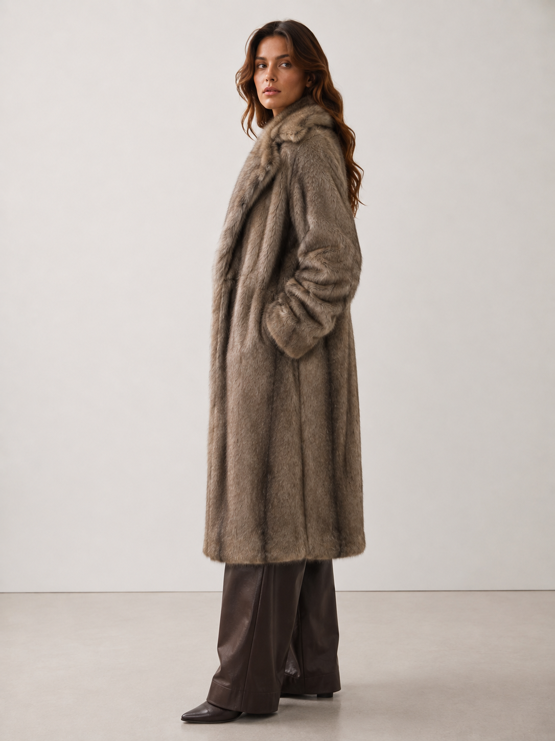 Sag Harbor Oversized Faux Fur Longline Coat Long Fur Coat: Camel / S/M