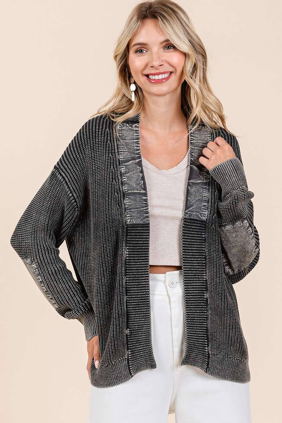 Mineral Wash Contrast Patch Open Front Cardigan S20805