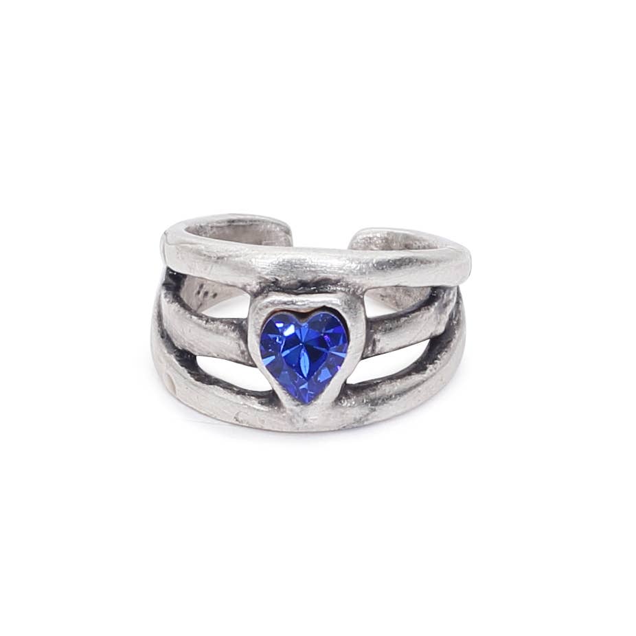 Handmade Night Blue Heart Crystal Brass Ring - 6921