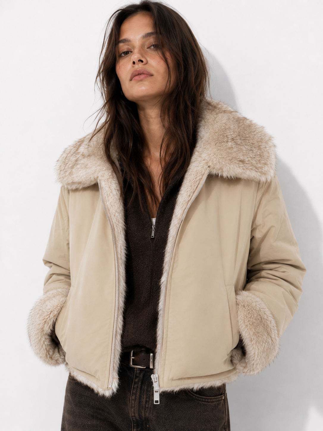 Dumbo Reversible Faux Fur & Leather Bomber Jacket Fur Jacket: Black/Brown / L/XL