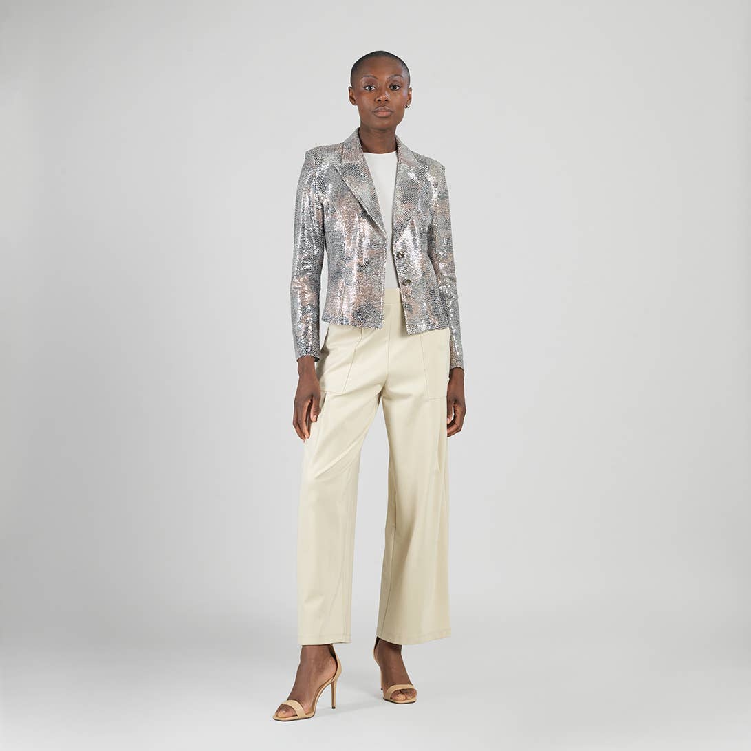 JK525PS - Sequin Knit - Modern Button Blazer - Champagne: Champagne / XS
