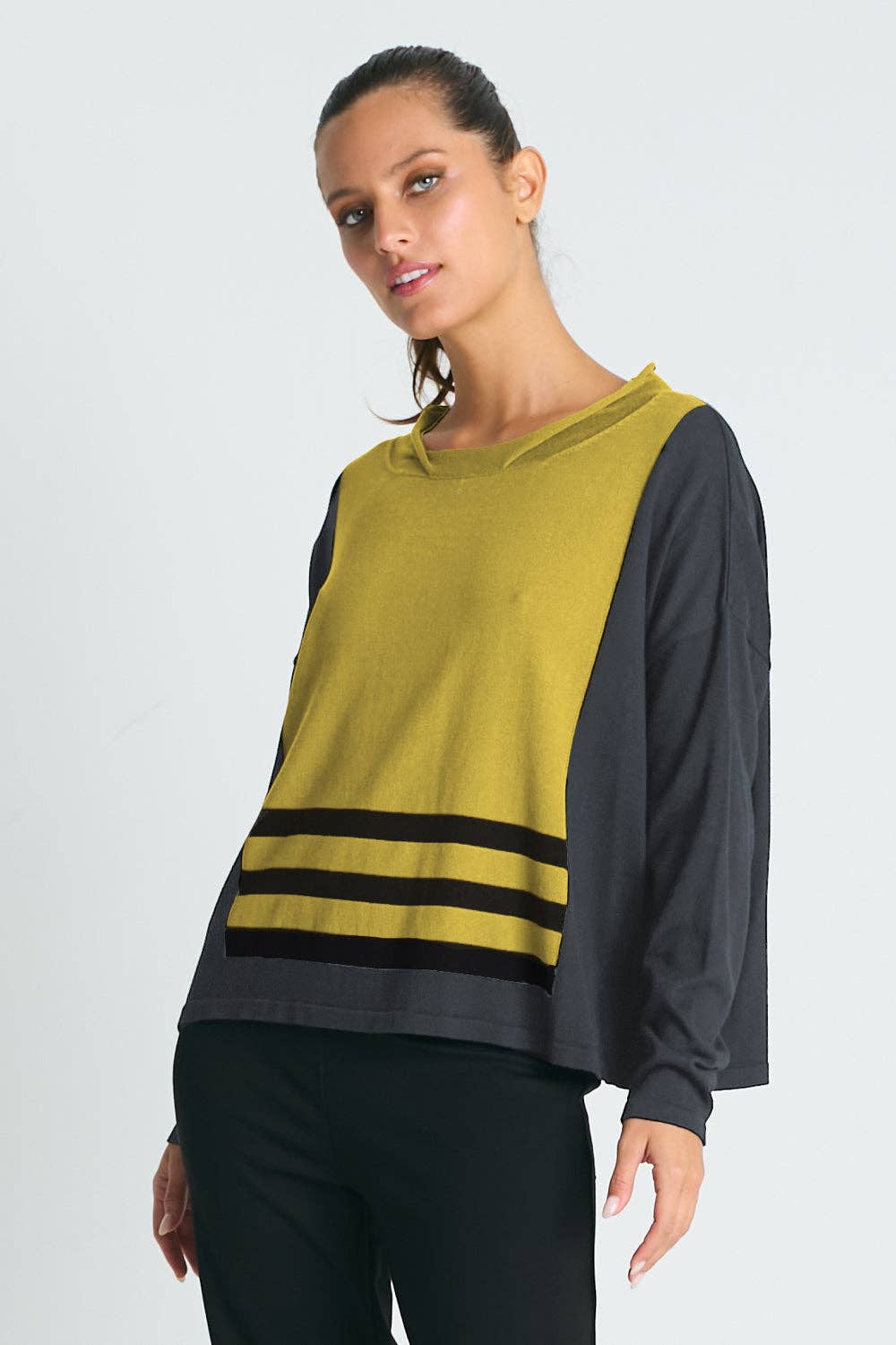 Pima Cotton Triple Stripe Crewneck Collared Sweater - Chartreuse/Lava/Black