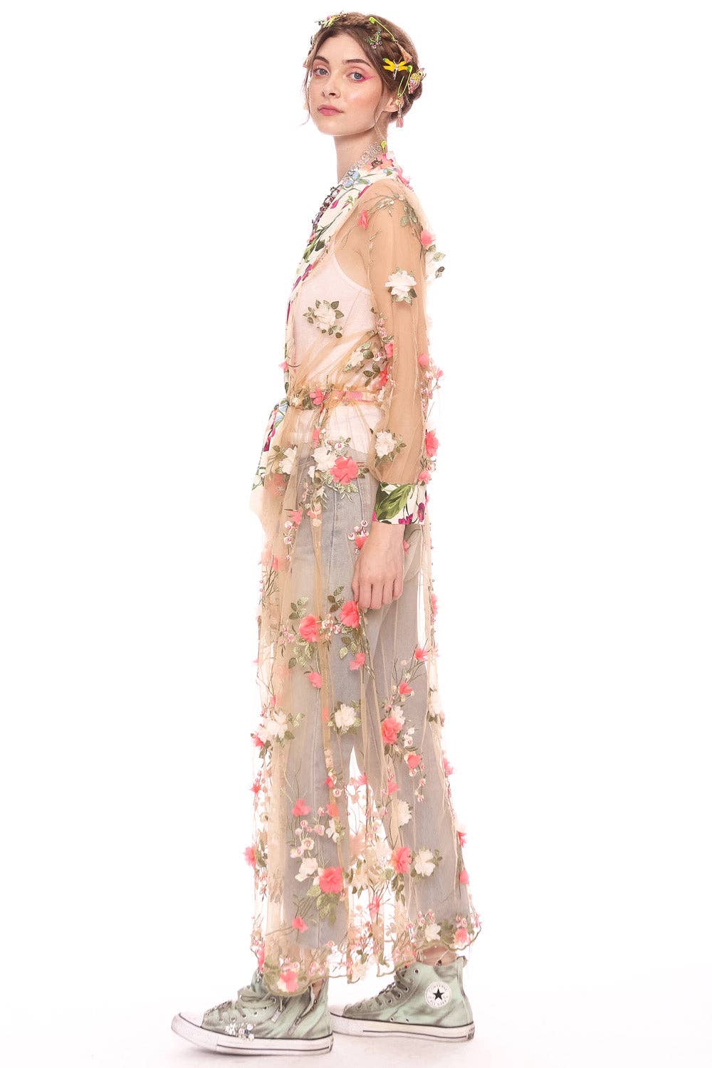 Floral Fantasy Kimono | Pink Floral Kimono | Mesh Kimono: Pink Floral Embroidery / L