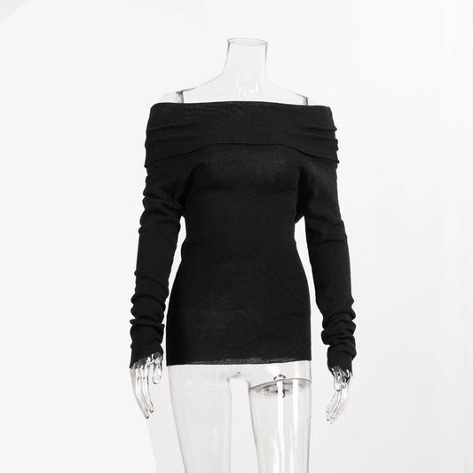 Off-Shoulder Knitted Top Slim Fit Solid Color Long Sleeve Pullover: Black / L
