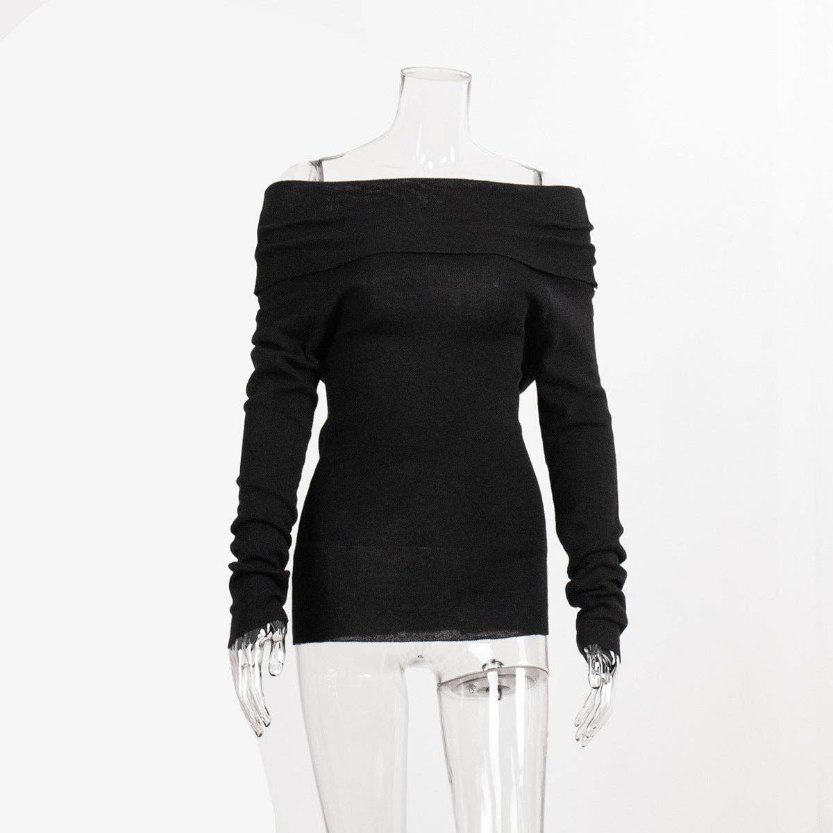 Off-Shoulder Knitted Top Slim Fit Solid Color Long Sleeve Pullover: Oatmeal / M