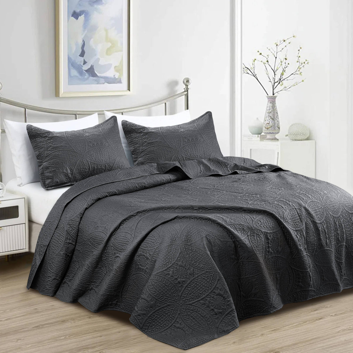Quilted Bedspread 3 Pc Coverlet Bedding Quilt Set All Season: Full/Queen / Beige