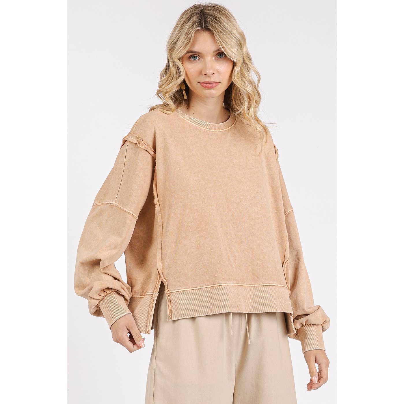 Mineral Wash Step Hem Crew Neck Long Sleeve Top S15459