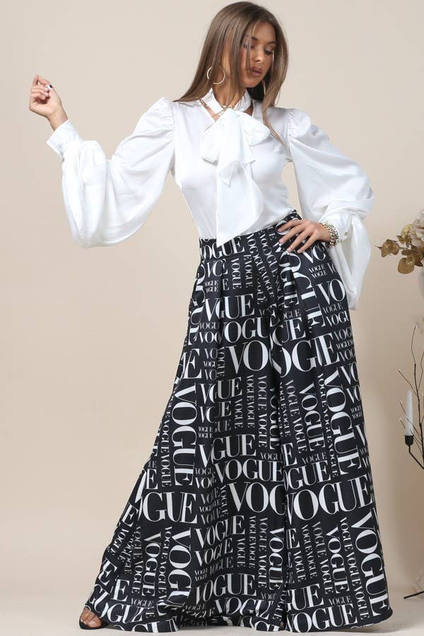P919-2467-Vogue Bk print palazzo pants: Black / M
