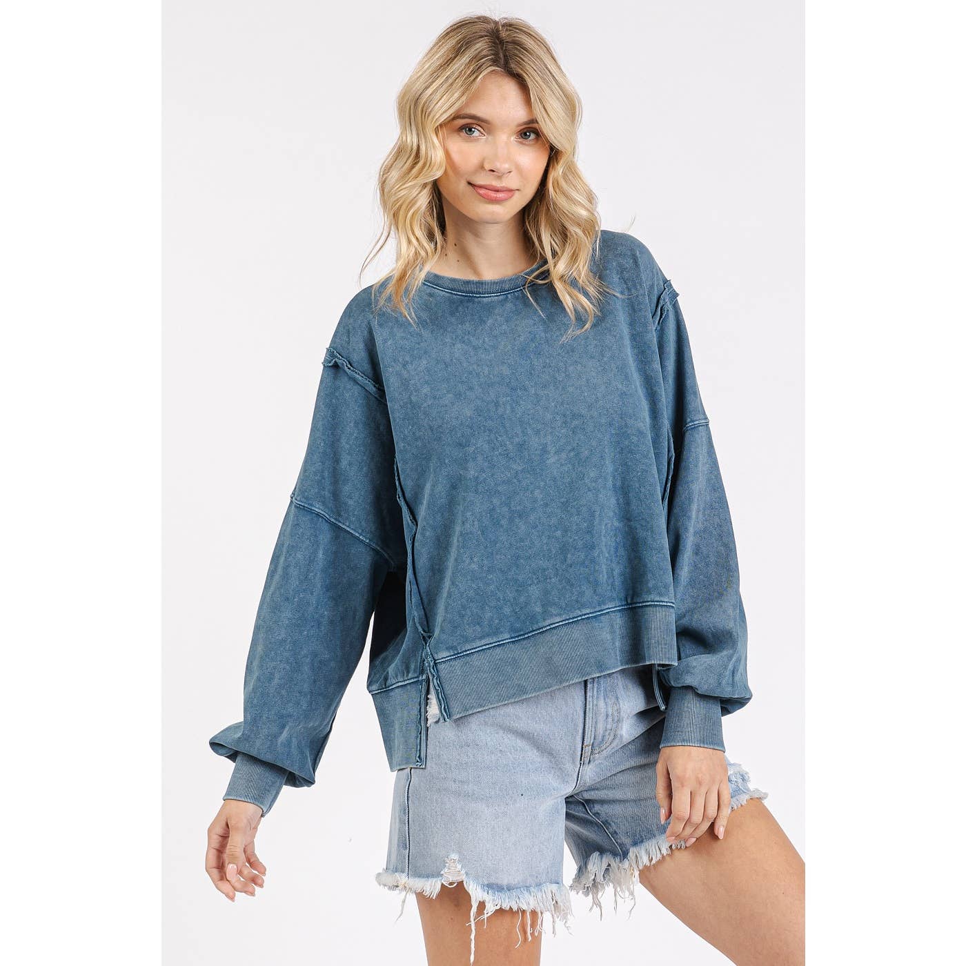 Mineral Wash Step Hem Crew Neck Long Sleeve Top S15459