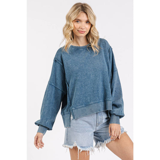 Mineral Wash Step Hem Crew Neck Long Sleeve Top S15459