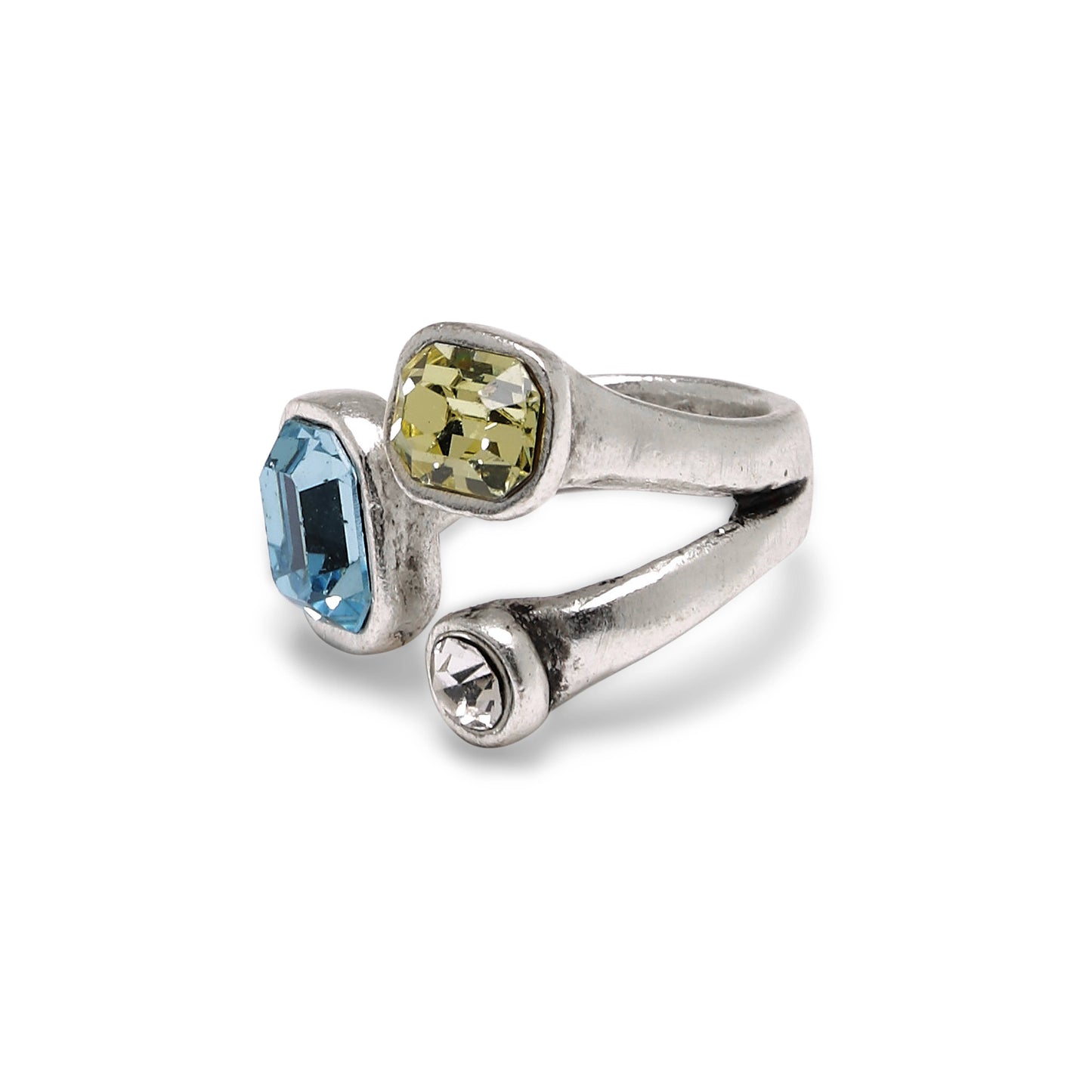 Handmade Blue Yellow Crystal Brass Ring - 6983