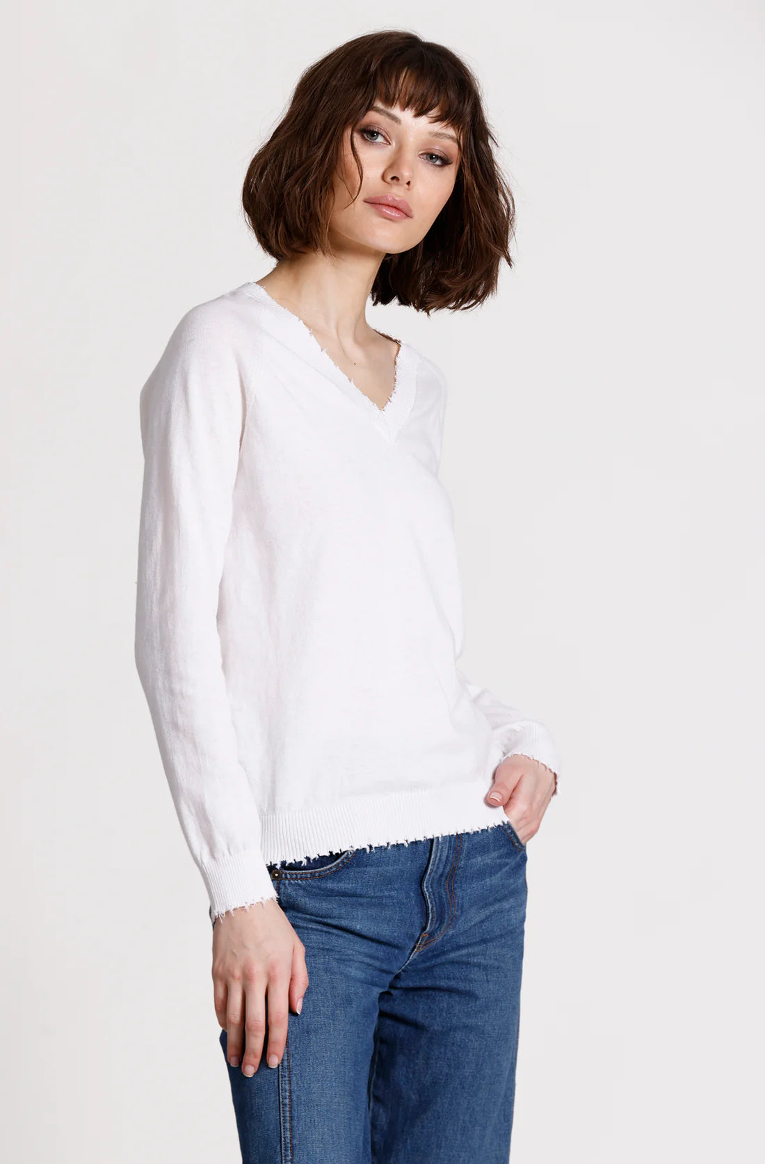 Cotton Cashmere Frayed Edge V Neck YR86130 - Minnie Rose