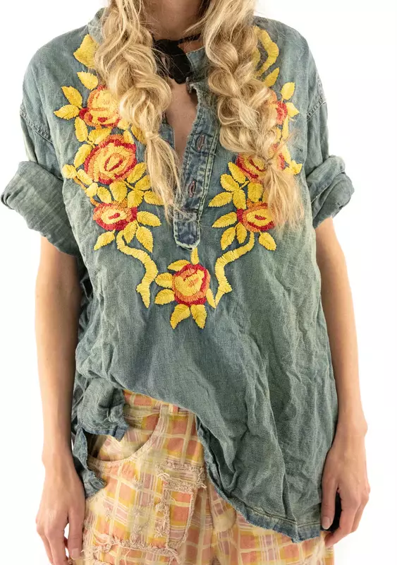 Cotton Denim Embroidered Isabel Floral Shirt 1202 - Magnolia Pearl