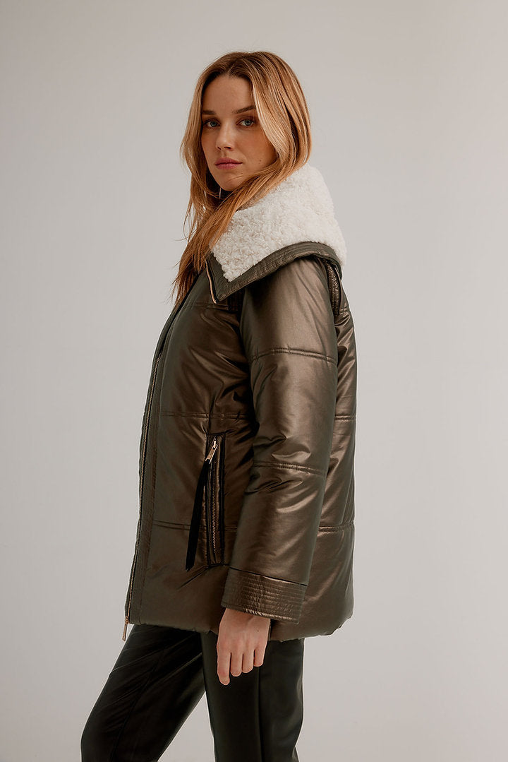 Faux Leather Multi Stitch Quilted Moto Jacket with Berber Lined Oversized Collar K5568RO-815 - Nikki Jones