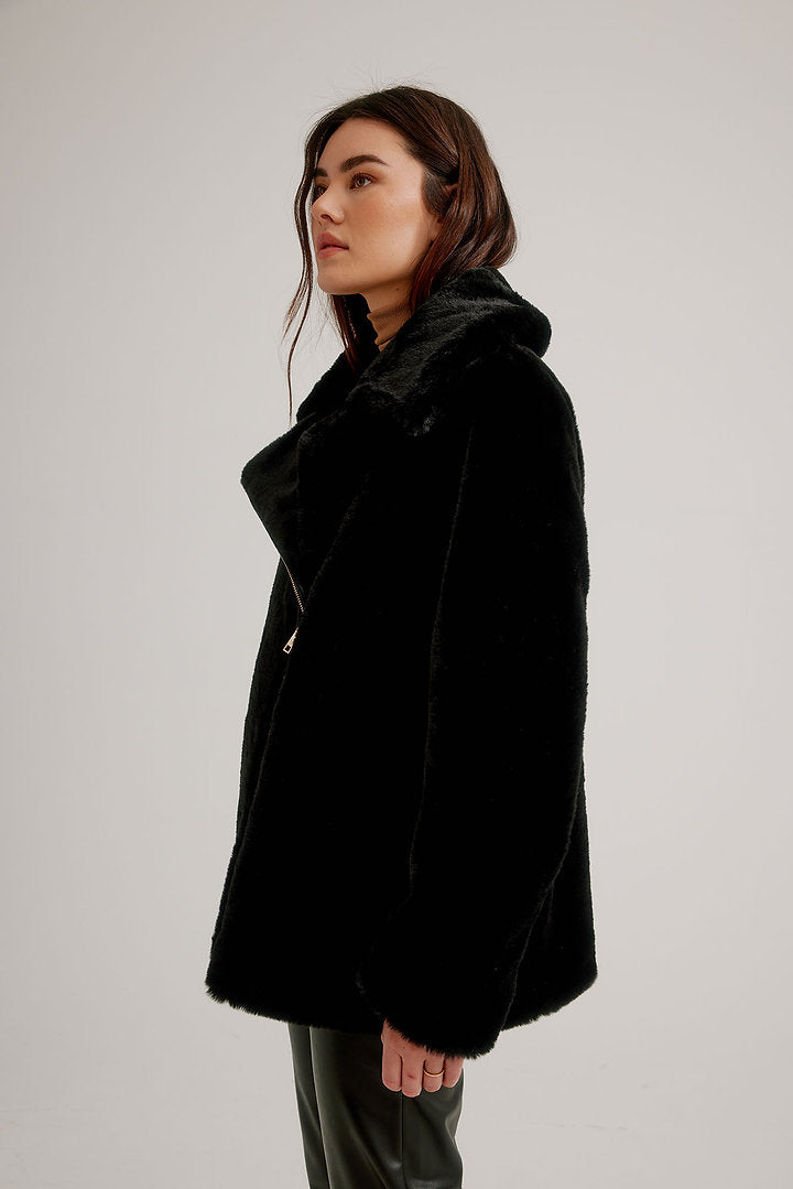 Zip Asymmetric Faux Fur Jacket with Vegan Leather Belt K5508RO-825 - Nikki Jones