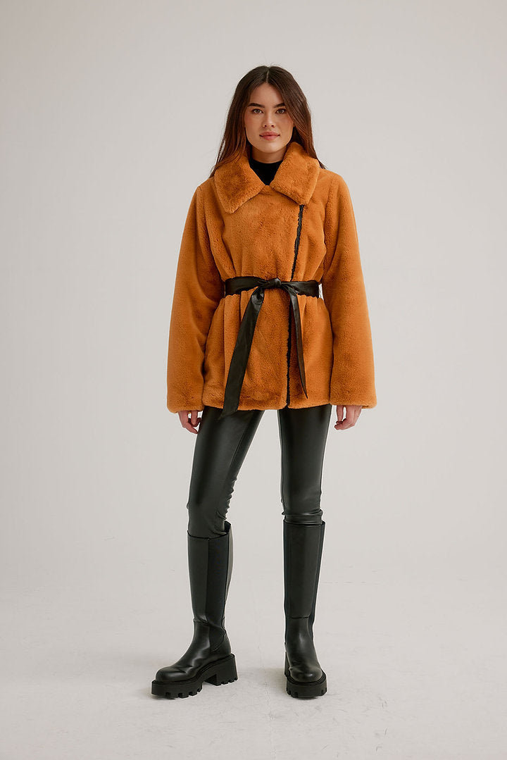 Zip Asymmetric Faux Fur Jacket with Vegan Leather Belt K5508RO-825 - Nikki Jones