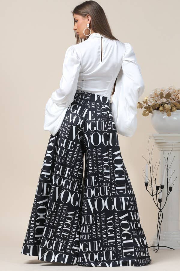 P919-2467-Vogue Bk print palazzo pants: Black / S