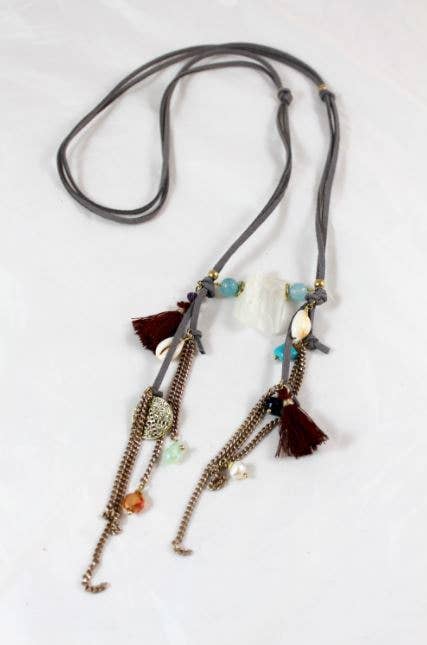 Quartz Chunk and Tassels on Leather Long Necklace -The Classics Collection- N2-838