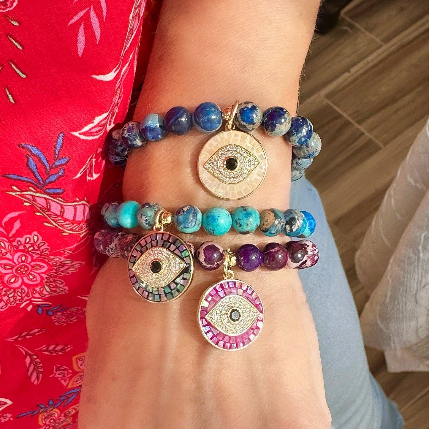 Lena Sea Sediment Jasper Evil Eye Bracelet: White