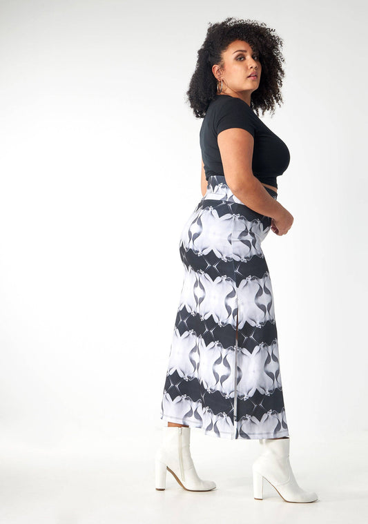 Babs Body-Hugging Midi Skirt - Black/White Stone Man Print Design: B/W Gaudi / Large / Stone Man (Gaudi)