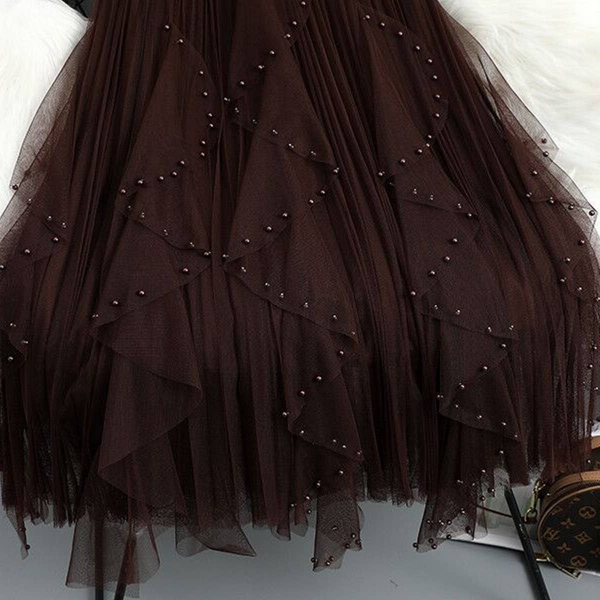 BEADED MESH PLEATED SKIRT A LINE TULLE SKIRT_CWBLS0398: COFFEE / (OS) 1
