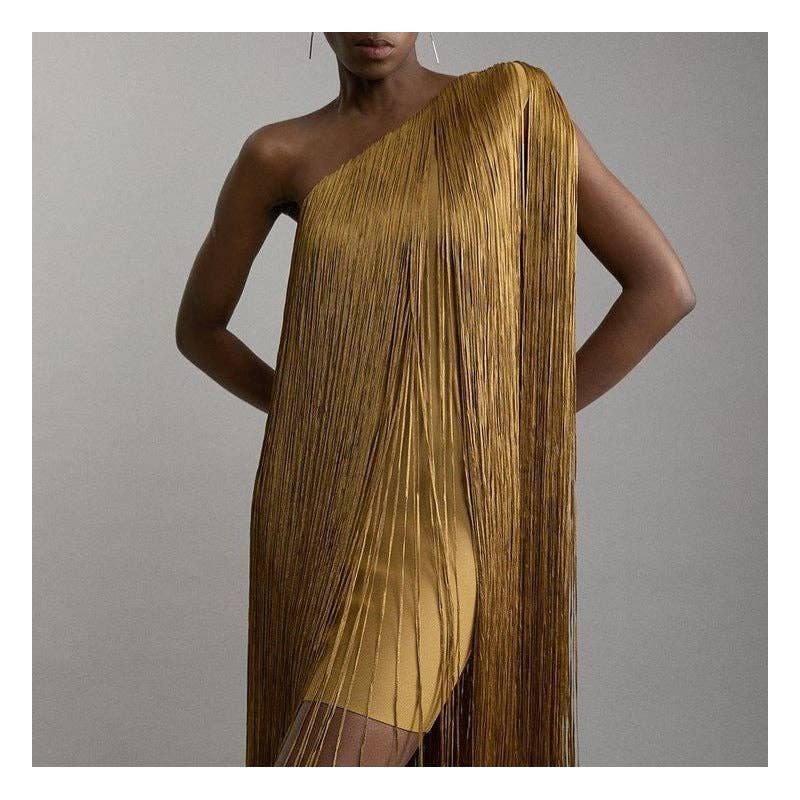 Elegant Fringe Party Dress Simple Flowing Evening Gown: Gold / M