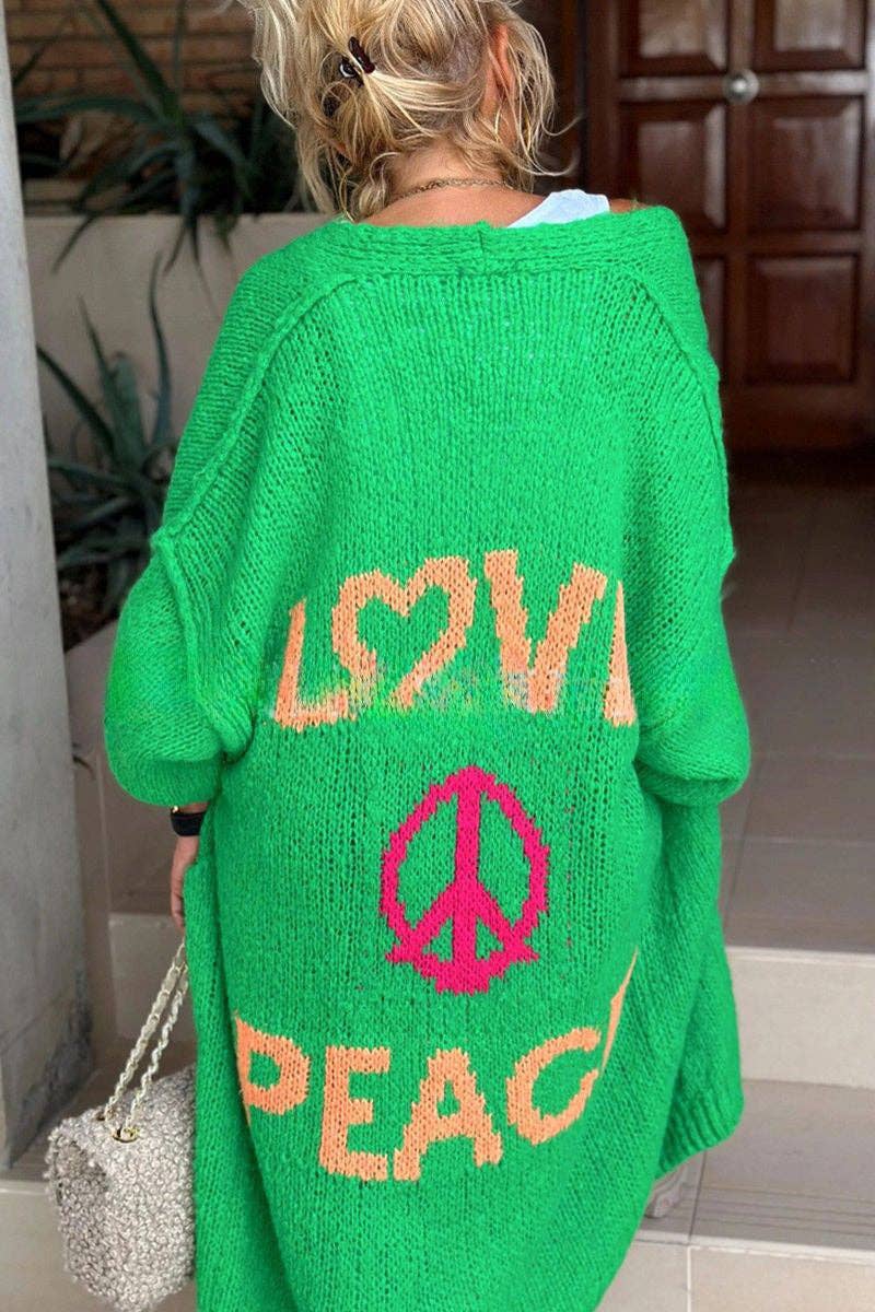 Love & Peace Graphic Cardigan: BEIGE / SM