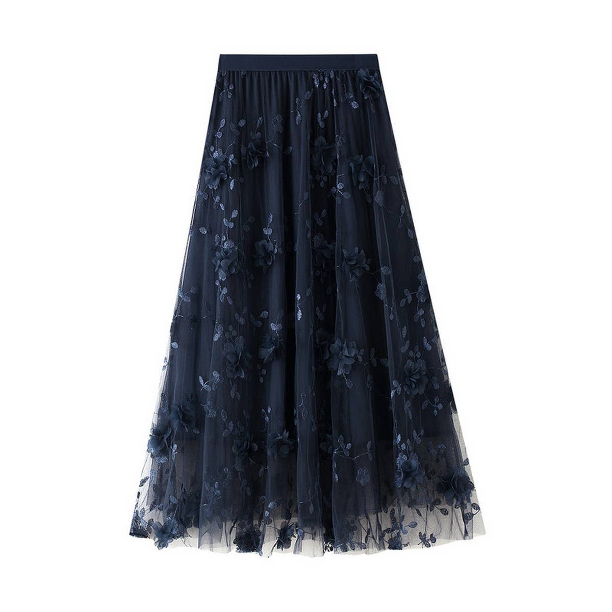 Embroidered Tulle A-Line Maxi Skirt Plus Size_CWBMS0370: Black / (OS) 1