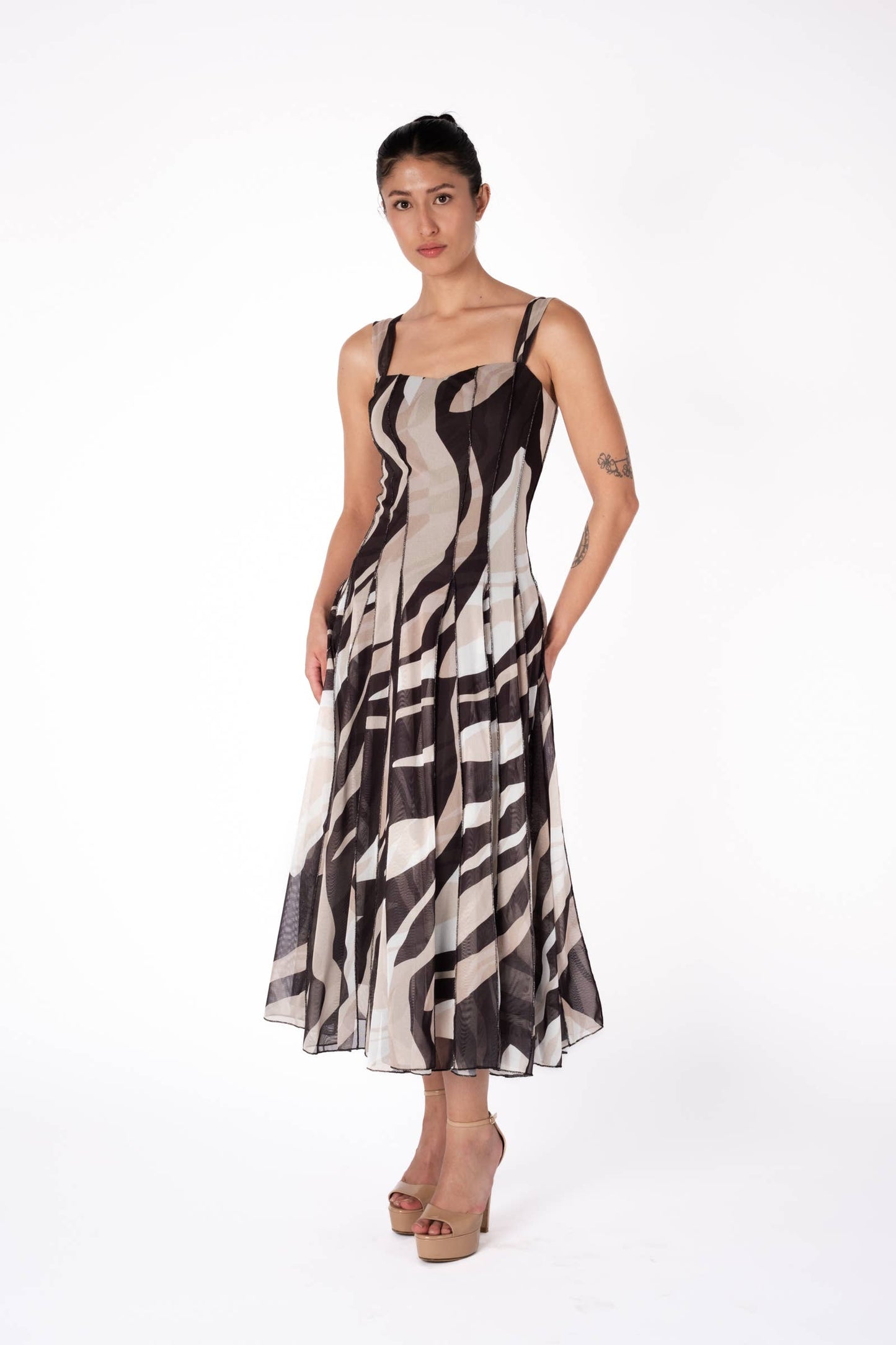 LISA Sleeveless Tea Length Fit N Flare Paneled Dress - Elana Kattan